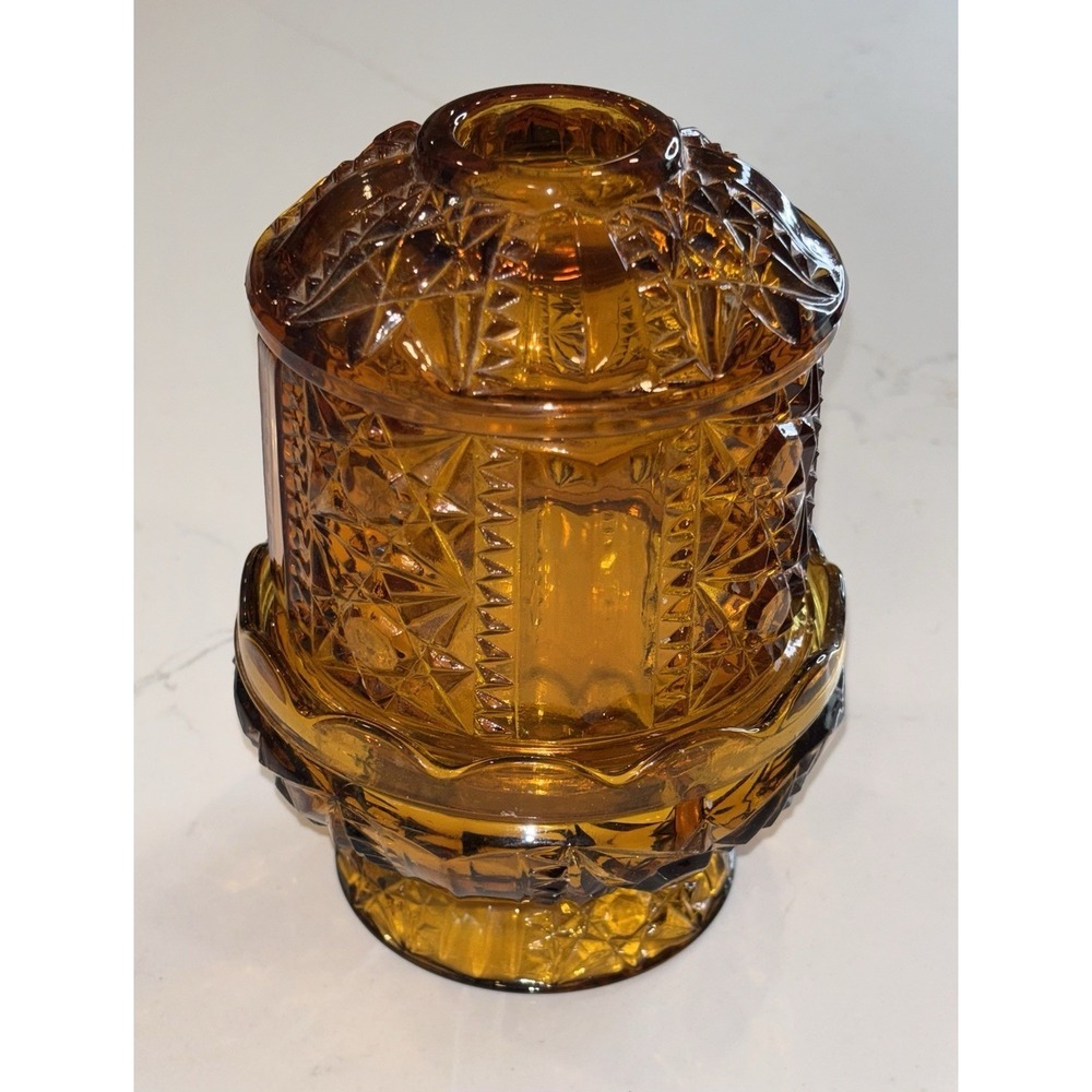 VTG Indiana Glass Amber Stars & Bars Fairy Lamp Light Candle Holder